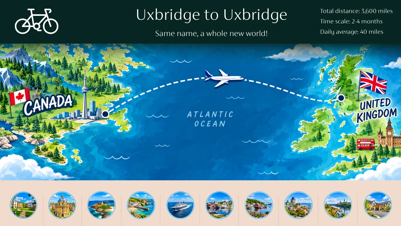 Illustrated poster headed Uxbridge to Uxbridge, same name, a whole new world, with a map from the UK across the Atlantic Ocean to Canada and the figures total distance 3,600 miles, time scale 2 to 4 months, daily average 40 miles