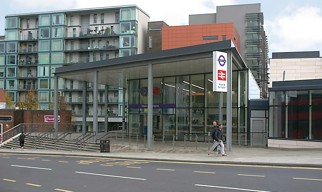 Station Road, Hayes, outside Hayes and Harlington station, photographed in 2022. The Post Office branch at 6-8 Station Road is not visible in this photograph.
