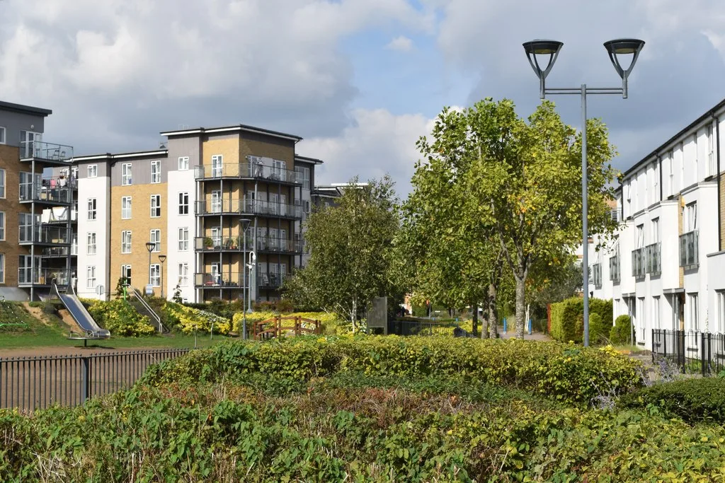 Flats and townhouses at Drayton Garden Village in West Drayton, about three miles south of Uxbridge, photographed in September 2025. Across the borough, flats fell 2.4% over the year while terraces rose.