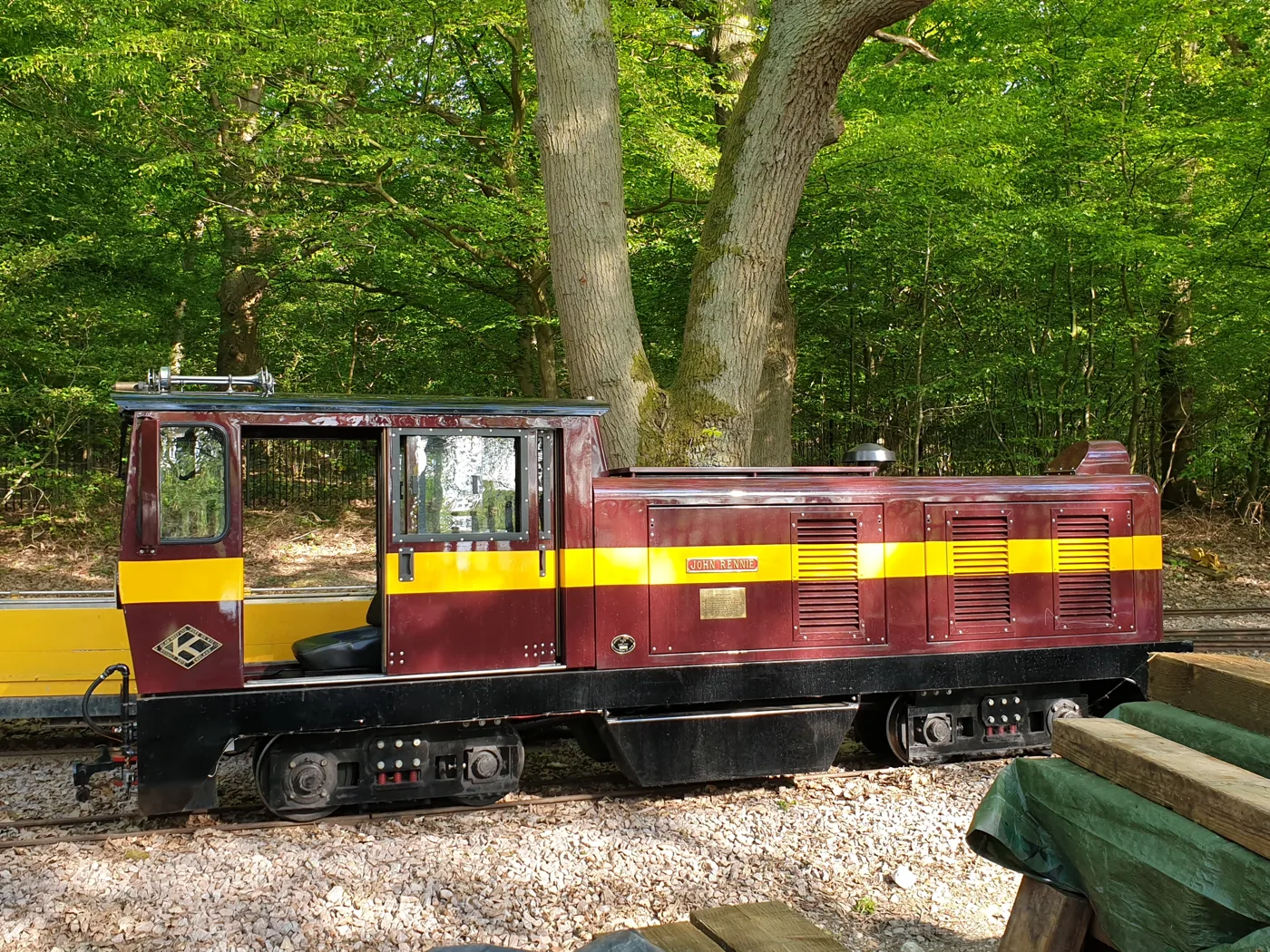 A Ruislip Lido Railway train in the woods by the Lido. In December the line runs to Santa's grotto at Woody Bay station